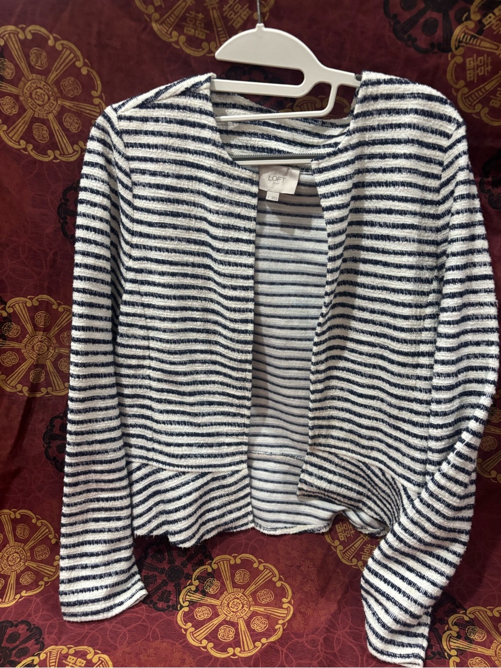 LOFT Navy and White Striped Open Cardigan Jacket